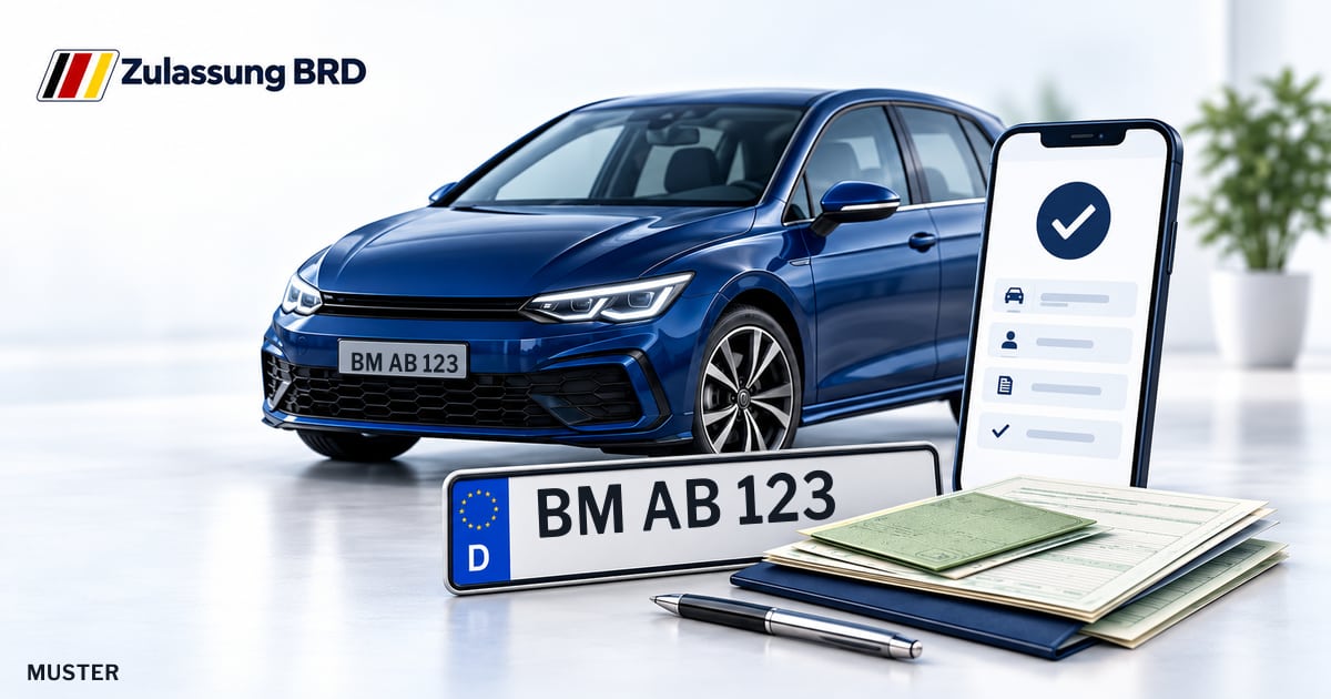 Online Fahrzeugzulassung in Bergheim: Musterkennzeichen BM AB 123, Auto und Fahrzeugpapiere und Smartphone. Illustration mit Logo von Zulassung BRD.